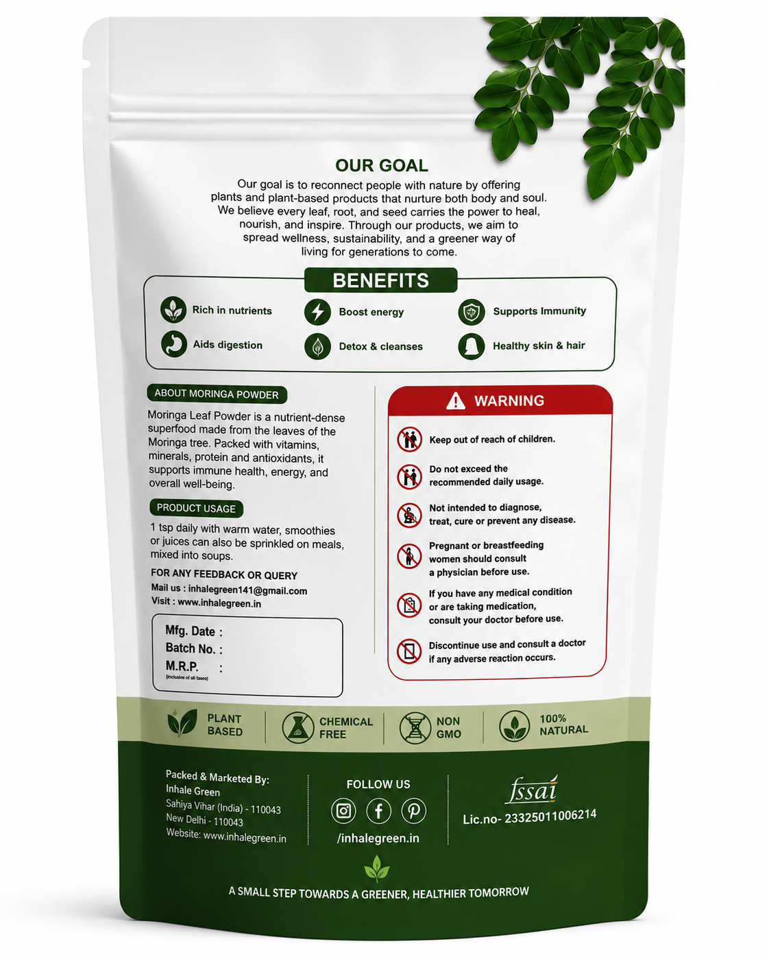 Inhale Green 100% Natural Moringa Powder (200g)